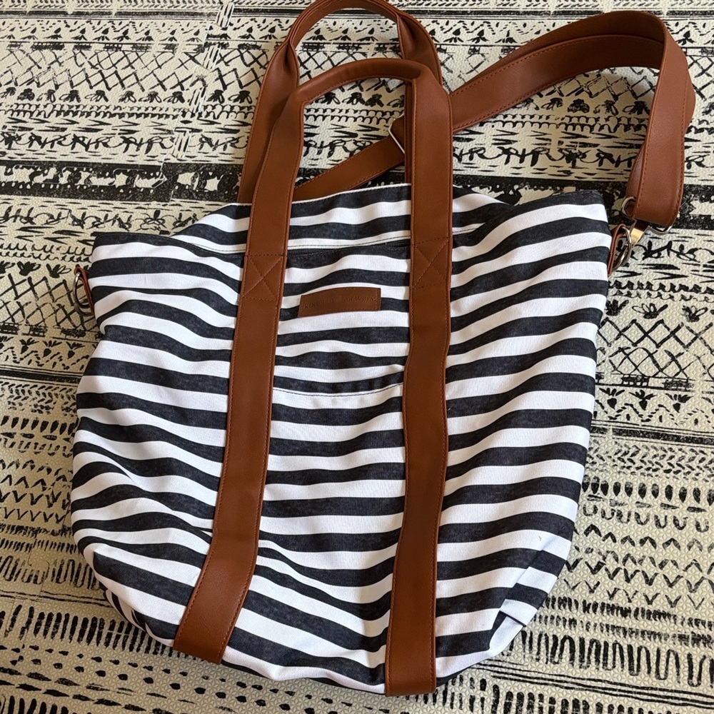 Striped Tote Bag with Brown Straps